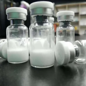 Hexarelin acetate peptide, lyophilized powder in a vial.