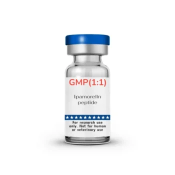 Ipamorelin peptide, lyophilized powder in a vial.